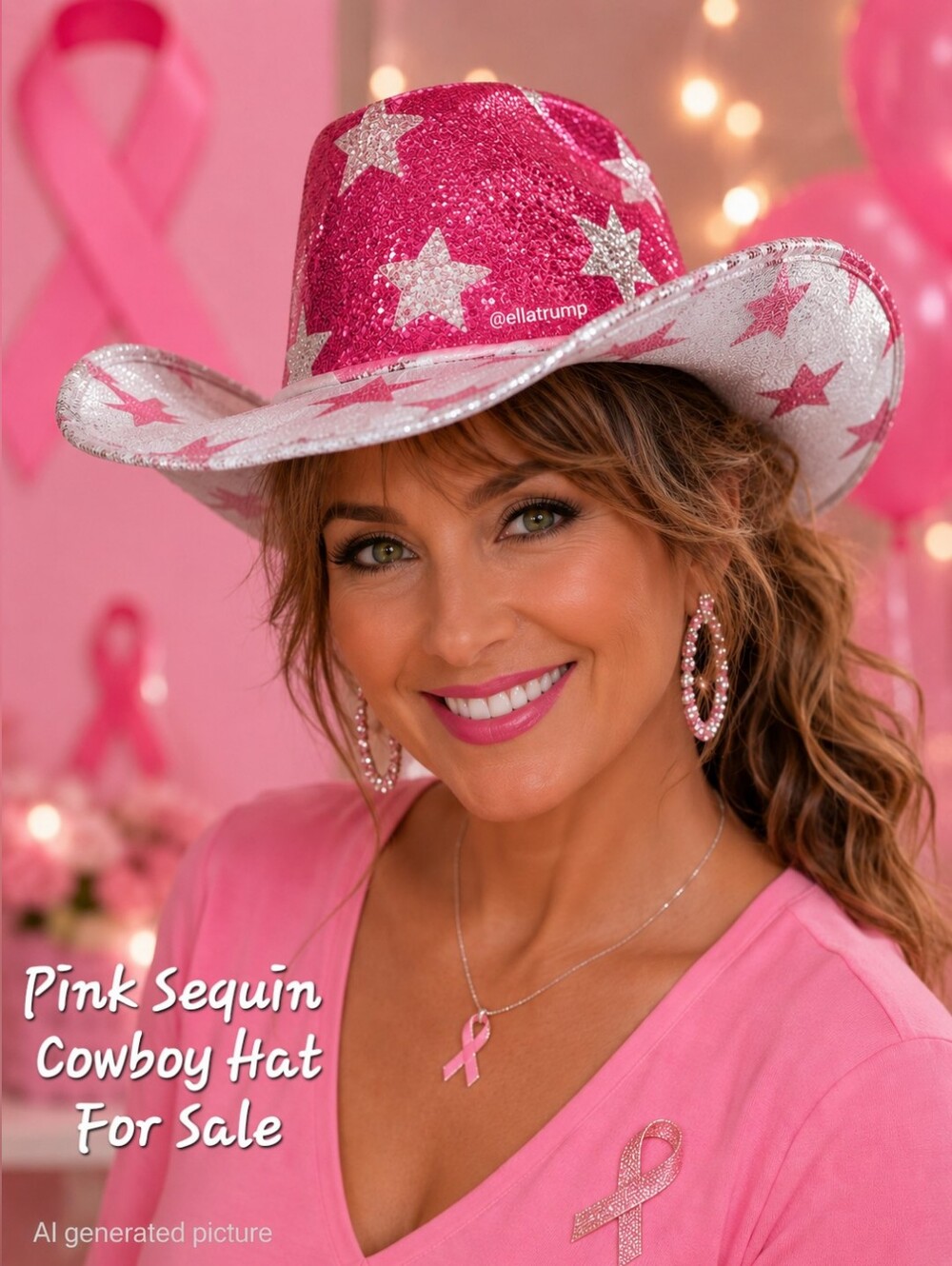 Pink White Patriotic or Awareness Sequin Sparkling Cowboy Hat One Sz